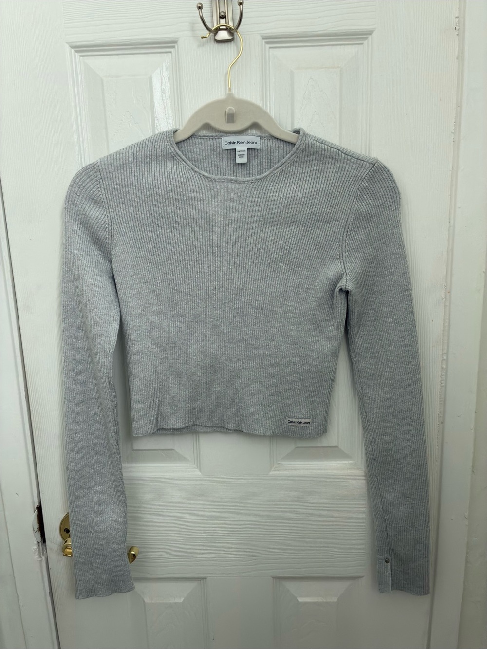 Calvin Klein Jeans Light Gray Ribbed Crewneck Long-Sleeve Top